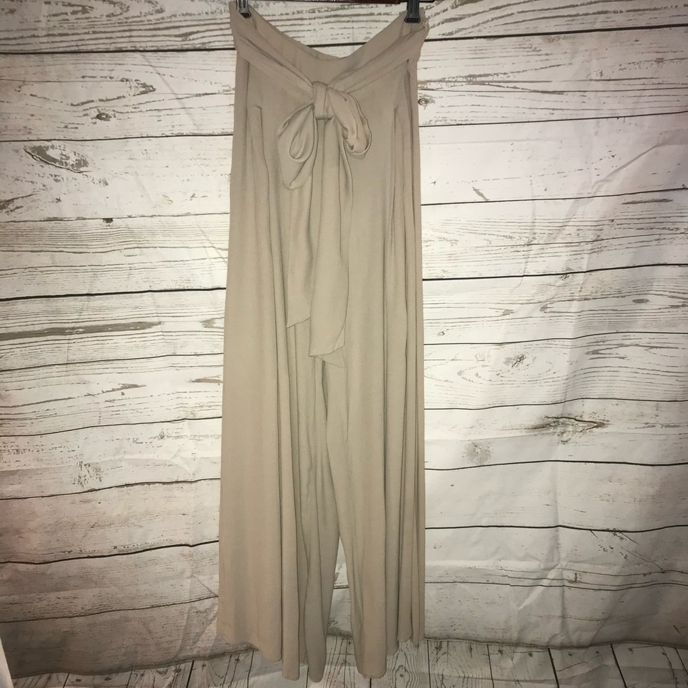 Wide Leg Beige High Rise Pants